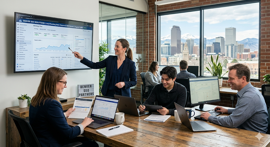 People reviewing search performance data on a laptop